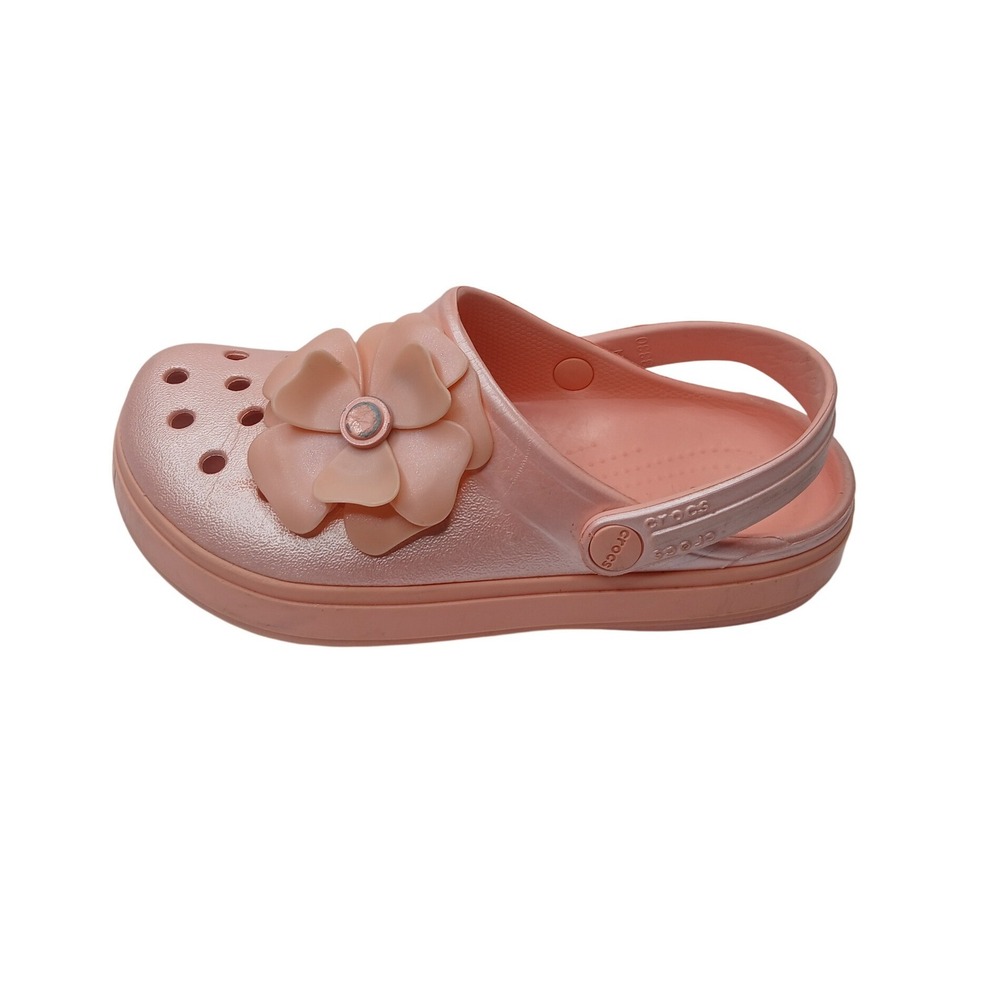 Crocs Clogs Girls Rose Gold Metallic 3D Flower Embellished Slip On Shoes